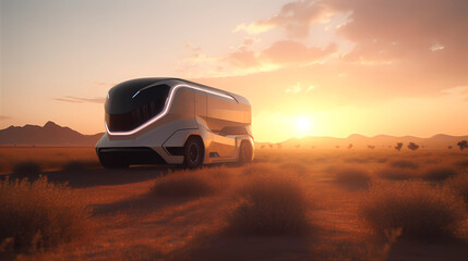 Future electric Camper, Van or Motorhome in a rural region. Sustainable futuristic concept for travel, camping and glamping, generative AI