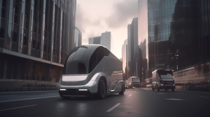 Future electric Camper, Van or Motorhome in a urban city. Sustainable futuristic concept for travel, camping and glamping, generative AI