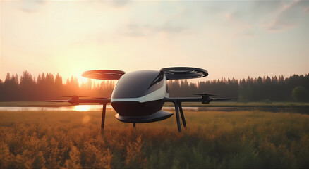 Naklejka premium Electric Air taxi drone, eVTOL flying high over a rural region at sunset. Rural Air Mobility, concept of future transportation in the country. Generative AI.