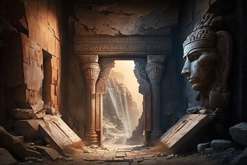 a doorway to a cave with a statue in it Generative AI