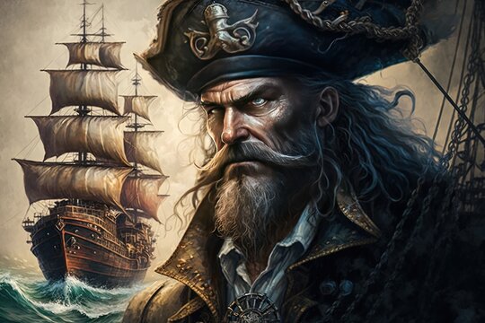 a illustration of a man with a beard and a pirate ship in the background Generative AI