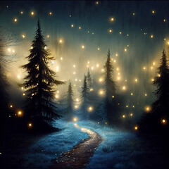 Magical forest with fairy lights illustration, path with firefly among dark trees background, fantasy landscape with soft yellow light, generative ai