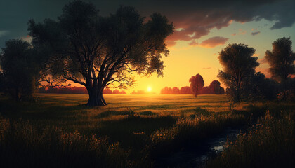 Sunset over the river, sunset over a field with trees, Generative AI