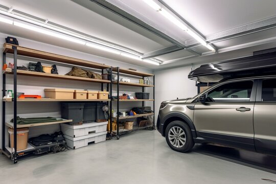 Home suburban car garage interior with wooden shelf, tools equipment stuff storage warehouse on white wall indoor. Vehicle parked at house parking background. DIY workbench for repair. Generative AI