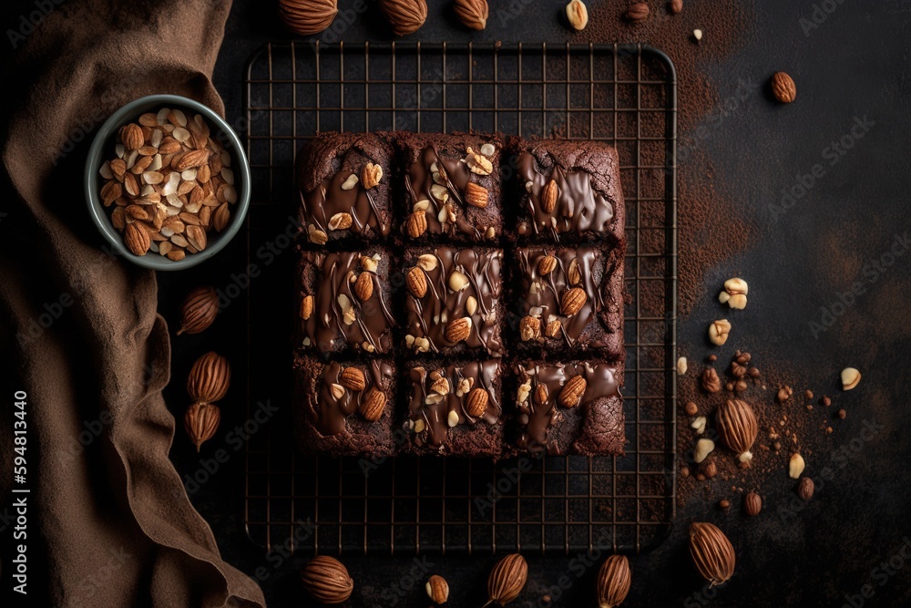 Poster top-down view of chocolate brownies with nuts baking on a rack on a black backdrop, with copy space.