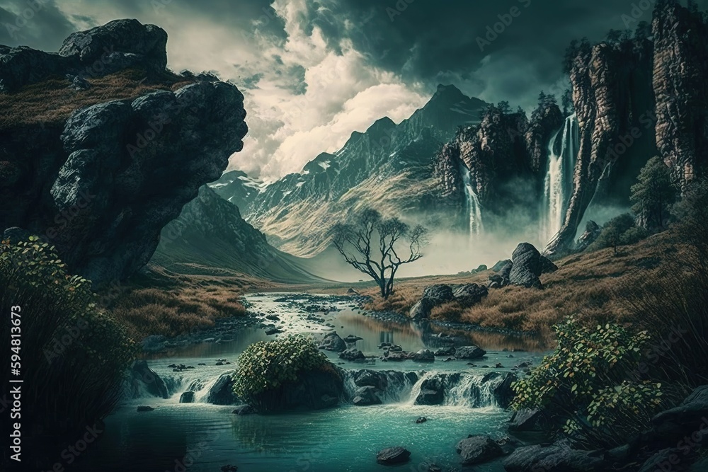 Poster scenic natural setting with clouds and a waterfall generative ai