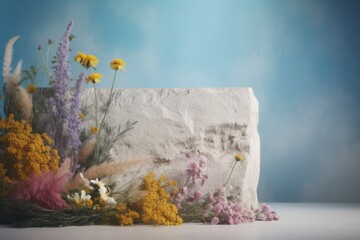 Photo of a modern product photography podium with wild flowers