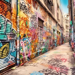colorful urban street with street art and graffiti draw on the walls ai, ai generative, illustration