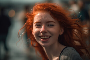 Fiery Elegance: Close-Up Photo of a Woman with Red Hair in Close-Up. Generative AI