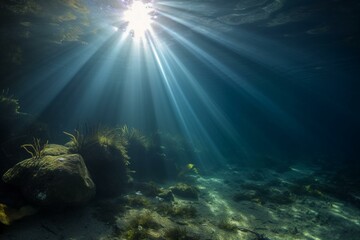 Fototapeta na wymiar underwater light - view with sunbeam. Generative AI