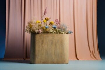 Photo of a modern product photography podium with wild flowers