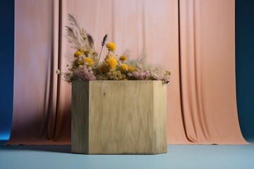 Fototapeta na wymiar Photo of a modern product photography podium with wild flowers