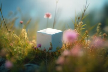 Photo of a modern product photography podium with wild flowers
