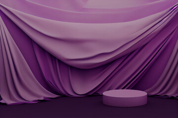 Purple fabric draped over the wall background, luxury silk backdrop for fashion product presentation, elegant minimal drapery design, generative ai