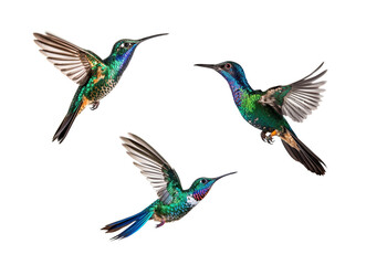 Fototapeta premium Three Broad Billed Cynanthus Latirostris Hummingbird In Flight Set Isolated on a White Background - Generative AI.