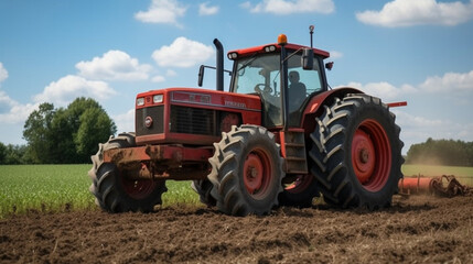 Obraz premium Red Tractor in a Farm Field