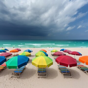 Tropical empty sandy beach with umbrellas ai, ai generative, illustration