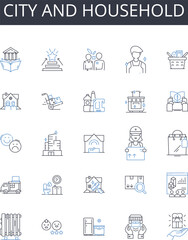 Fototapeta na wymiar City and household line icons collection. ity, Metropolis, Urban center, Megalopolis, Municipality, Capital, Town vector and linear illustration. Village,Burg,Community outline signs set