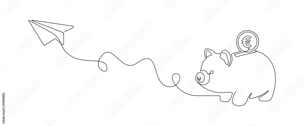 Fototapete piggy bank with paper plane in one continuous line drawing. startup business idea concept in simple 