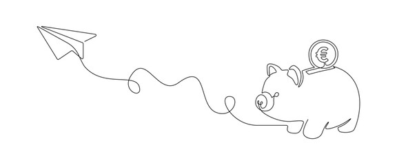 Piggy bank with paper plane in one continuous line drawing. Startup business idea concept in simple linear style. Editable stroke. Doodle vector illustration