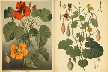 Abutilon (left) and Tropaeolum or Nasturtium (right) / vintage illustration. Generative AI