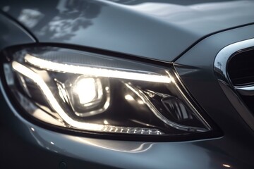 Obraz na płótnie Canvas lit headlights of new shiny silver car close-up. Generative AI