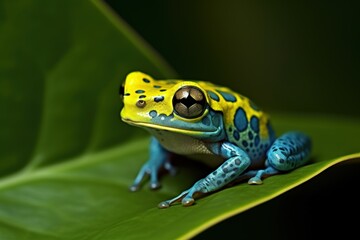 Fototapeta premium Stunning macro photograph of a blue and yellow frog perched on a green tropical leaf. Capturing intricate details and textures, with soft diffused lighting. Created with generative A.I. technology.