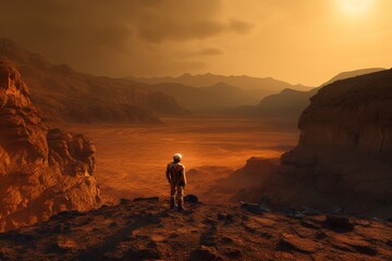 Fototapeta na wymiar Stunning picture of the Martian landscape, showcasing an astronaut standing on the edge of a crater, gazing towards an open valley with untouched beauty. Created with generative A.I. technology.