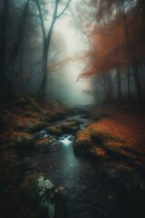 Obraz premium Stunning image of a misty autumn forest with small creek and mossy stones, featuring a moody and dramatic style and captures the beauty of the mystery forest. Created with generative A.I. technology.