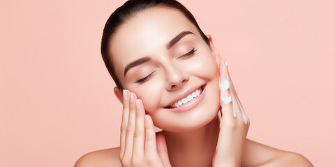 Smiling half-naked woman with eyes closed washing face, applying soap makeup and dirty removal facial cosmetics product on pink background. Beauty treatment. Woman beauty face, copy space. digital ai