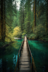 Fototapeta premium Breathtaking image of a crystal-clear lake nestled amidst a verdant forest, featuring a narrow bridge that spans across the water. Created with generative A.I. technology.