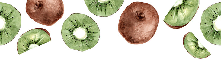 Seamless horizontal border with kiwi slices. Watercolor drawing by hand