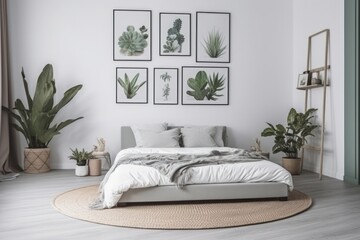 Modern minimalist bedroom interior with a low flat bed, framed artwork on the wall, indoor plants, natural daylight, and warm de-saturated color tones. Created with generative A.I. technology.