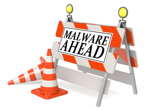 Malware ahead sign on barricade and traffic cones
