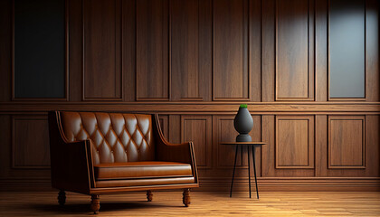 Fototapeta na wymiar Modern living room, Background of furniture with a wood wall, Generative AI