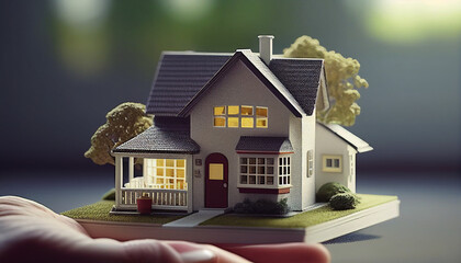 Hand holding house, hand displaying a model home for a mortgage advertising campaign, Generative AI
