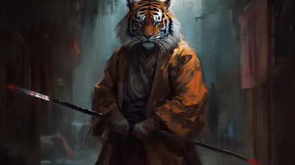 A tiger in a traditional shounen poses with a sword under its cloak. Generative ai.
