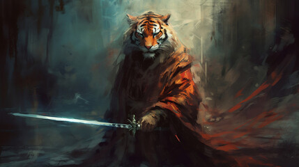 A tiger in a traditional shounen poses with a sword under its cloak. Generative ai.