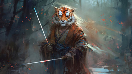 A tiger in a traditional shounen poses with a sword under its cloak. Generative ai.