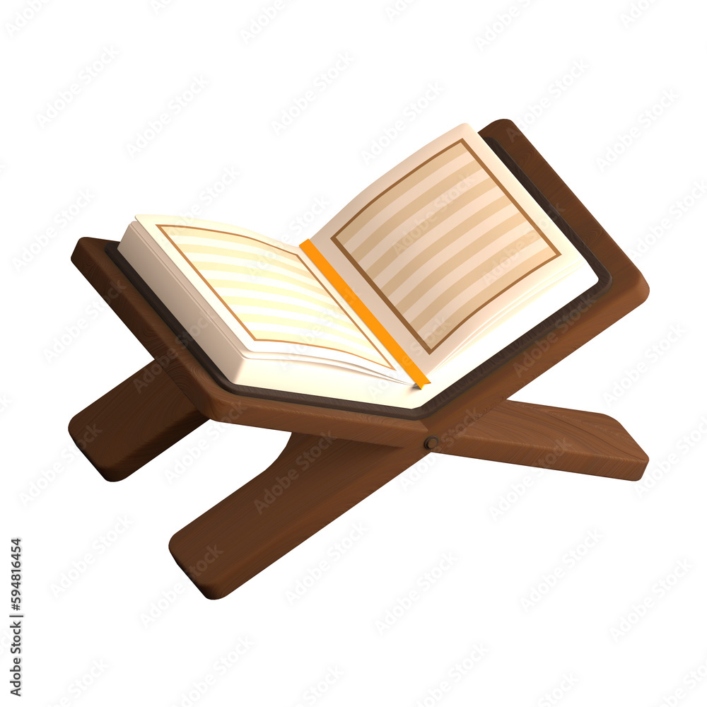 Wall mural Holy Quran with rosary, open on the wooden book holder. Design element for Ramadan or other religious Islamic holidays and events. 3d rendered illustration