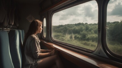 Train journey, interior of a train. Woman looking through the window, travel concept. Generative AI
