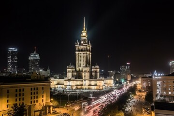 Constitution Square (PL: Plac Konstytucji) - a view of the center of night Warsaw with skyscrapers in the background - the lights of the big city by night, Poland, EU. Generative AI - obrazy, fototapety, plakaty