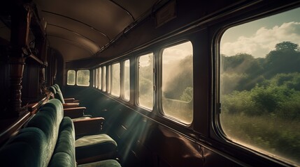 Train journey, interior of a train, travel concept. Generative AI