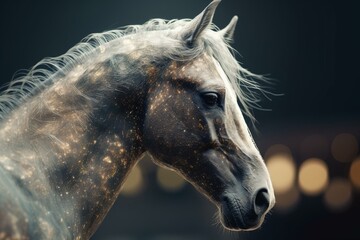 Naklejka na ściany i meble Double exposure horse, Generative AI