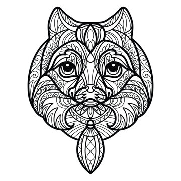 Pomeranian dog head coloring book page vector illustration