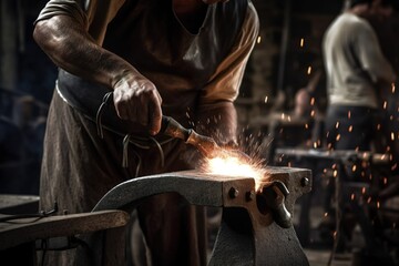 Close up shot of blacksmith forging a sword at workshop. Generative AI