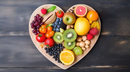 Obraz na płótnie Canvas Heart shaped wooden board full of fresh fruits. Healthy eating concept. Generative AI