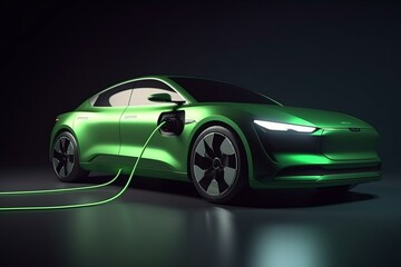Obraz na płótnie Canvas electric car with a green power plug charging 3D. Generative AI