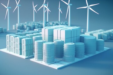 Concepts of renewable energy storage systems, wind turbines and battery containers. generative AI