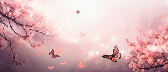 dreamy and whimsical image of a pink sakura flower garden in full bloom, with graceful butterflies flitting around. Widescreen wallpaper background. Generative AI